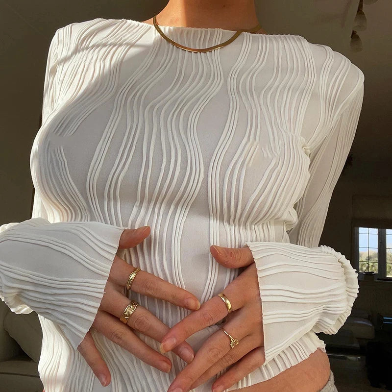 Woman Fashion Casual Ruched Long Sleeve T-shirt Blouses Female White Skinny Cropped Bottoming Shirt 2022 Autumn Y2K Top Clothes
