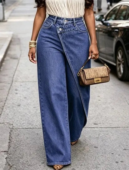Wide Leg Jeans Women High Waist Asymmetrical Wrap Front Y2K Vintage Baggy Straight Long Denim Casual Plus Size Streetwear
