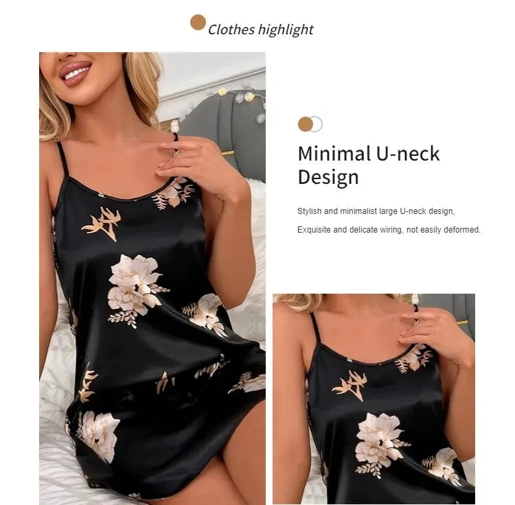 Women Nightwear Home Clothes Sexy Black Floral Printing Nightdress Sleepwear Nightshirts Silk Sleepshirts Nightgowns For Woman