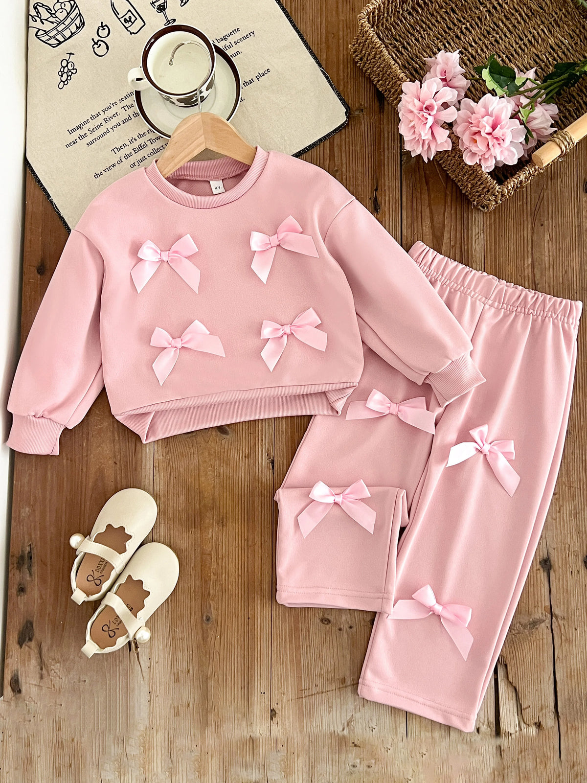Kids Clothes Girls Autumn Fashion Bow-decorated Pink Sweatshirt + Straight-leg Pants Sets Children&