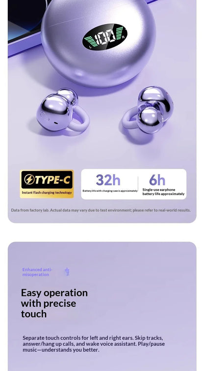 Wireless Clip-On Bluetooth Earbuds Premium HiFi Audio Sports Headphones Long Battery Life with Built-in Microphone