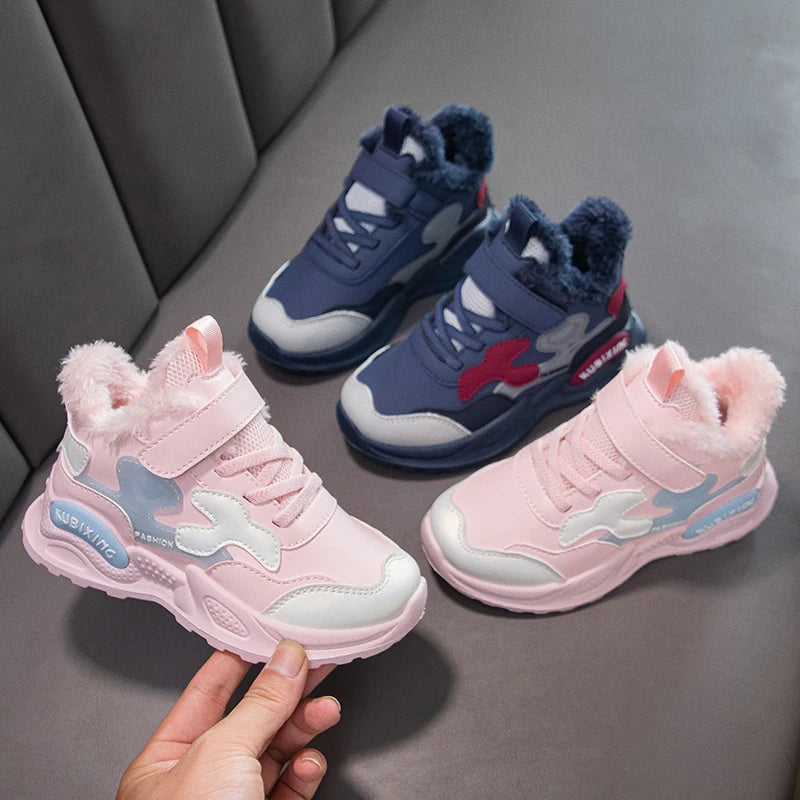 Children Winter Casual Shoes Warm Cotton Sneakers for Kids Fashion High-top Walking Shoe Boys Girls Plush Lining Winter Trainers