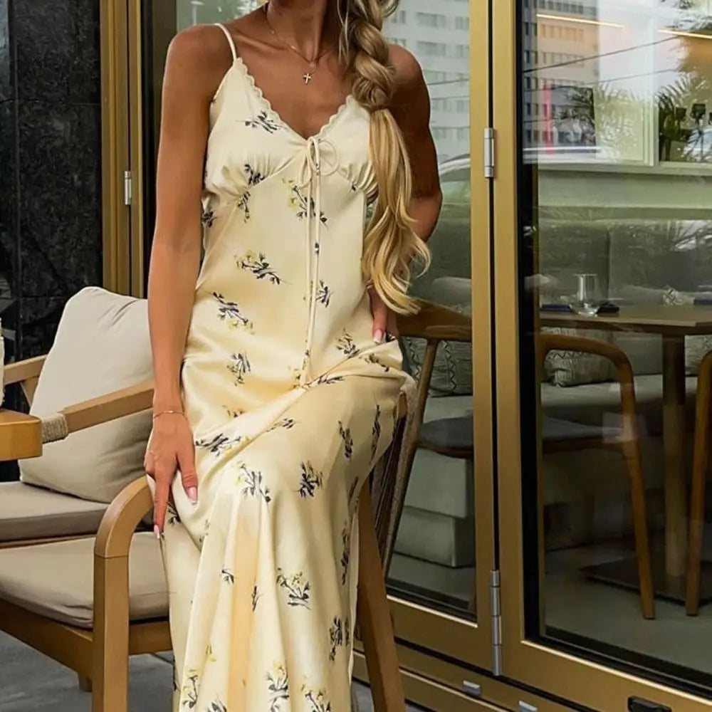 Trendy Slim Fit Women's Satin Lace Dress Sexy V Neck Midi Dress Elegant Backless Summer Slip Dress Party Dress