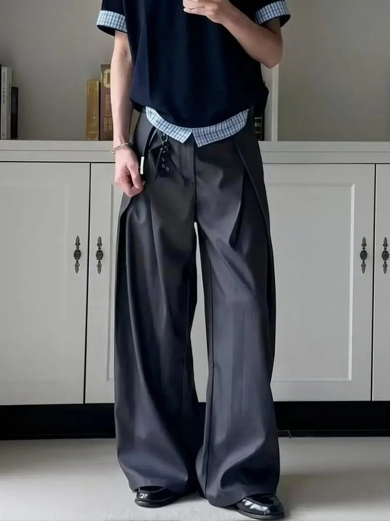 Spring Summer Pleated Wide Curved Trousers Men A-line Tailored Casual Suit Pants Streetwear Work wear Cleanfit Business