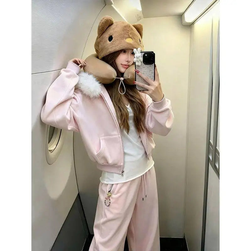 Pink Hooded Sweatshirt Set Women's Winter Loose Fit Thickened Fleece Drapey Wide Leg Pants Two Piece Set Casual Sportswear
