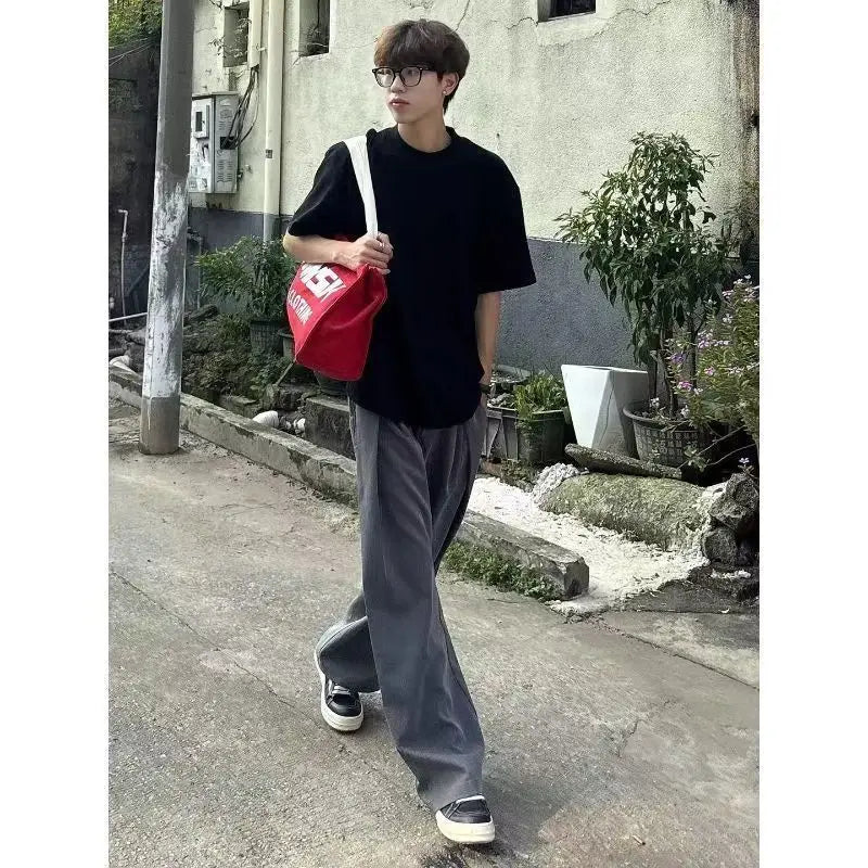 Spring Summer Pleated Wide Curved Trousers Men A-line Tailored Casual Suit Pants Streetwear Work wear Cleanfit Business