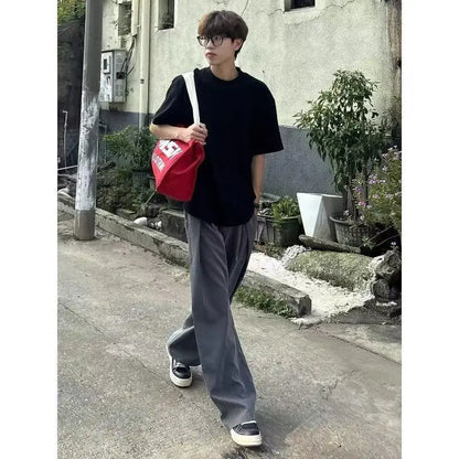 Spring Summer Pleated Wide Curved Trousers Men A-line Tailored Casual Suit Pants Streetwear Work wear Cleanfit Business