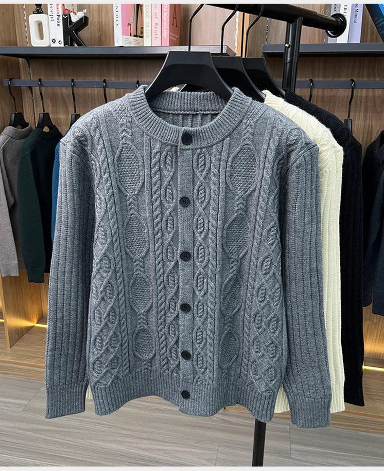 Men Cable Knit Cardigan Stand Collar Button Down Thick Warm Old Money Style Knit Coat For Autumn Winter
