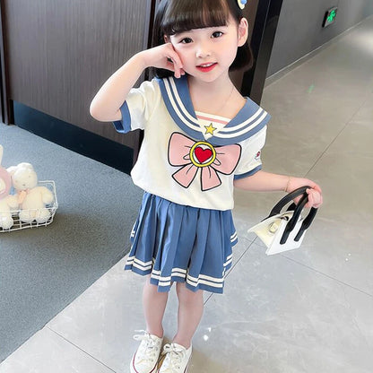 Kids Girls Clothes Sets Cartoon Bow T-Shirts Tops Pleated Skirts Suits Sailor Moon Cosplay Party Custume Children Clothes Sets