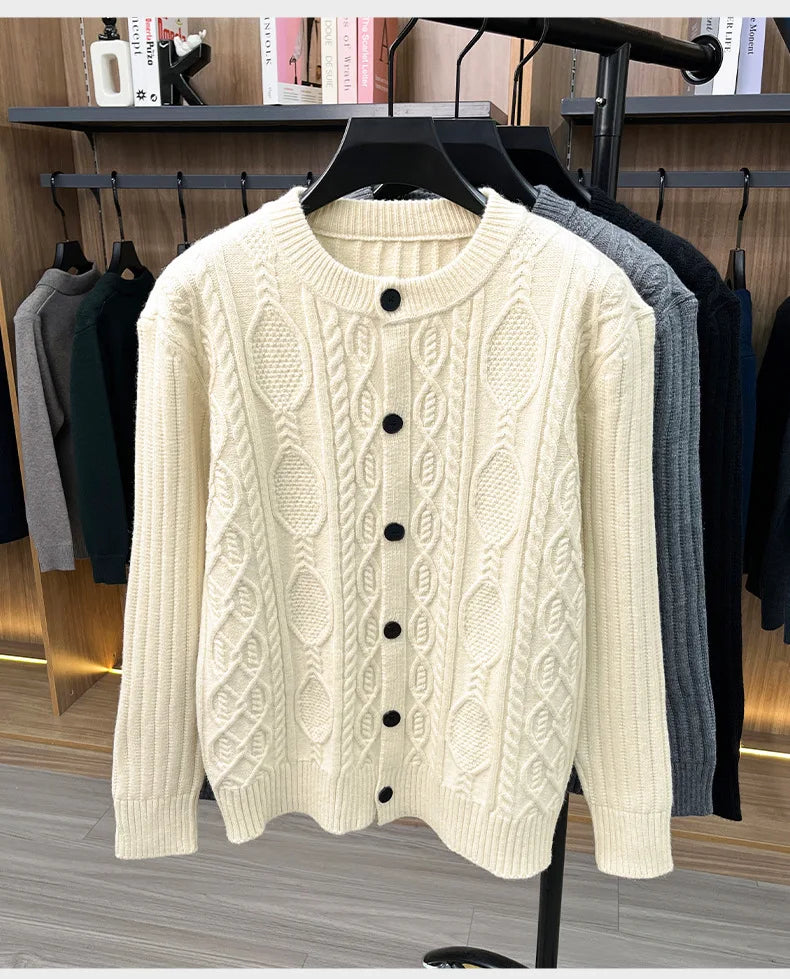 Men Cable Knit Cardigan Stand Collar Button Down Thick Warm Old Money Style Knit Coat For Autumn Winter
