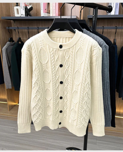 Men Cable Knit Cardigan Stand Collar Button Down Thick Warm Old Money Style Knit Coat For Autumn Winter
