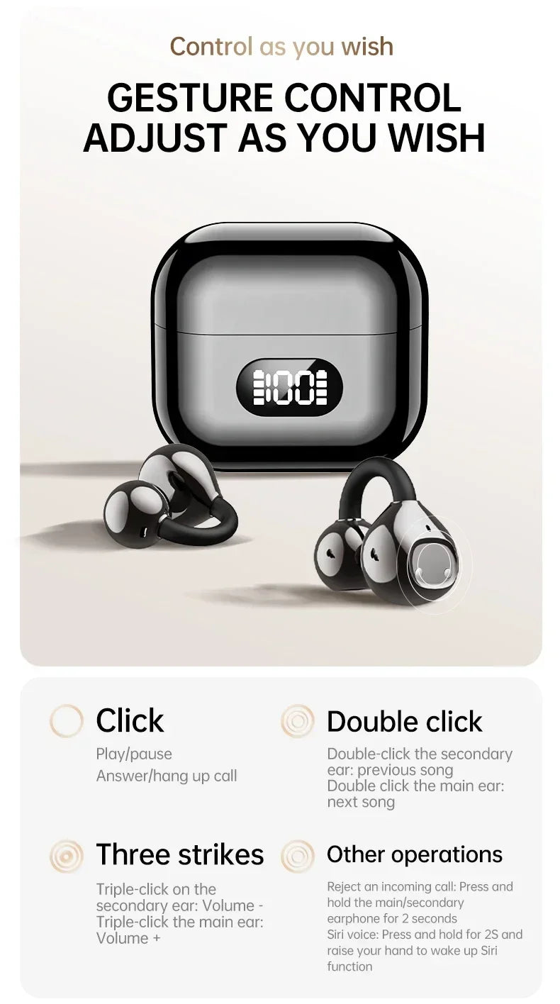 Portable Ear Clip Style Open Ear Earbuds Wireless Bluetooth Stereo Audio Clear HD Calls Touch ControlledHeadphones for Sports