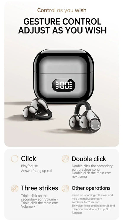 Portable Ear Clip Style Open Ear Earbuds Wireless Bluetooth Stereo Audio Clear HD Calls Touch ControlledHeadphones for Sports