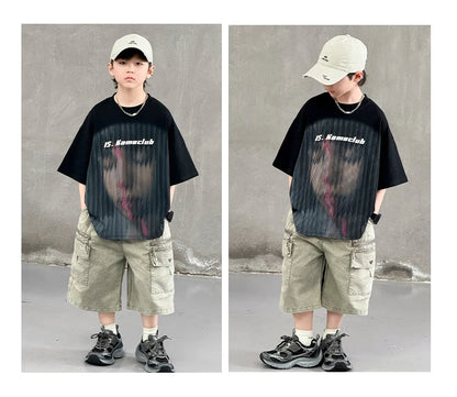 Korean Children Fashion Summer Clothes for Boy Streetwear Outfit Suit T-shirt Shorts Clothing Set Kids Street Top And Bottom Set