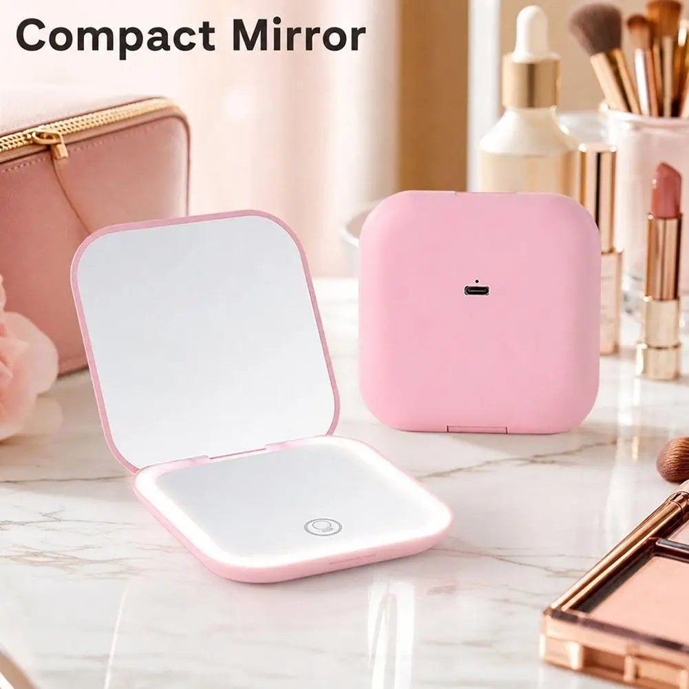 Rechargeable Handheld Mirror With 2X Magnification Portable Folding LED Makeup Mirror Pink Dual-Sided LED Lighted Makeup Mirror