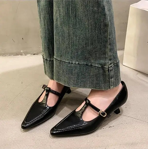 Women's Shoes Fashion Pointed Toe Buckle-heeled Single Shoes Retro Solid Color Medium Heels Casual Shallow Mouth Zapatos Mujer