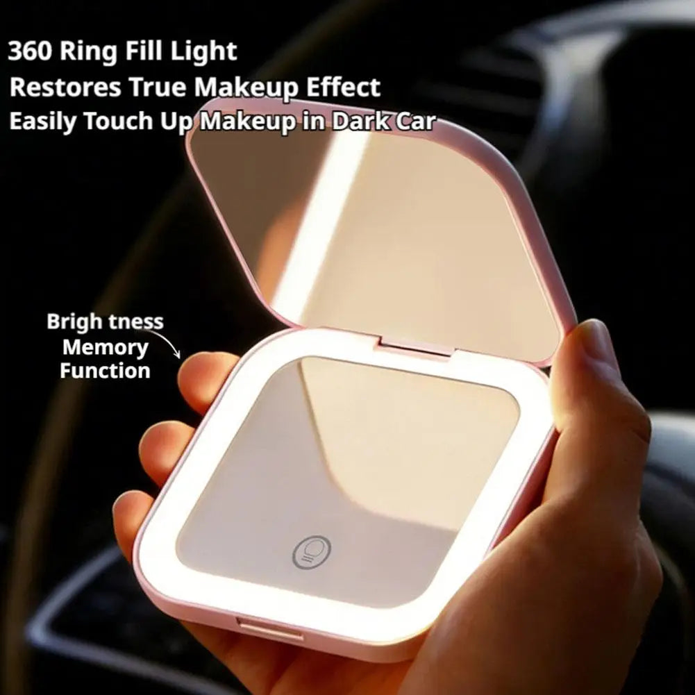Rechargeable Handheld Mirror With 2X Magnification Portable Folding LED Makeup Mirror Pink Dual-Sided LED Lighted Makeup Mirror