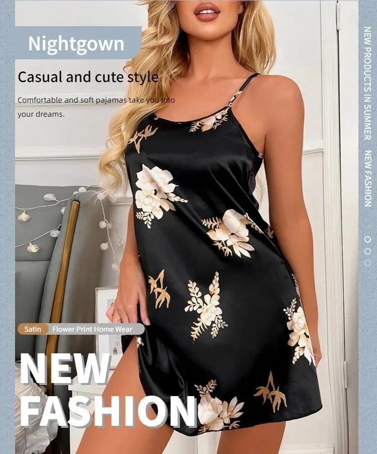 Women Nightwear Home Clothes Sexy Black Floral Printing Nightdress Sleepwear Nightshirts Silk Sleepshirts Nightgowns For Woman