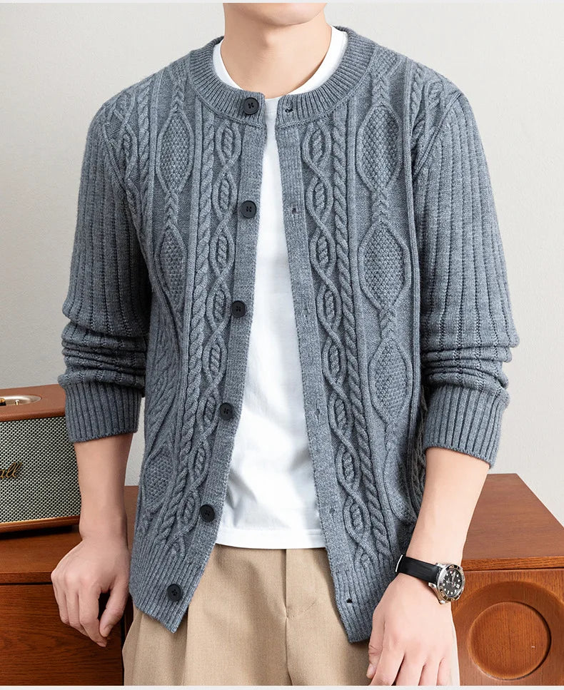 Men Cable Knit Cardigan Stand Collar Button Down Thick Warm Old Money Style Knit Coat For Autumn Winter