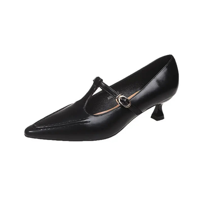 Women's Shoes Fashion Pointed Toe Buckle-heeled Single Shoes Retro Solid Color Medium Heels Casual Shallow Mouth Zapatos Mujer