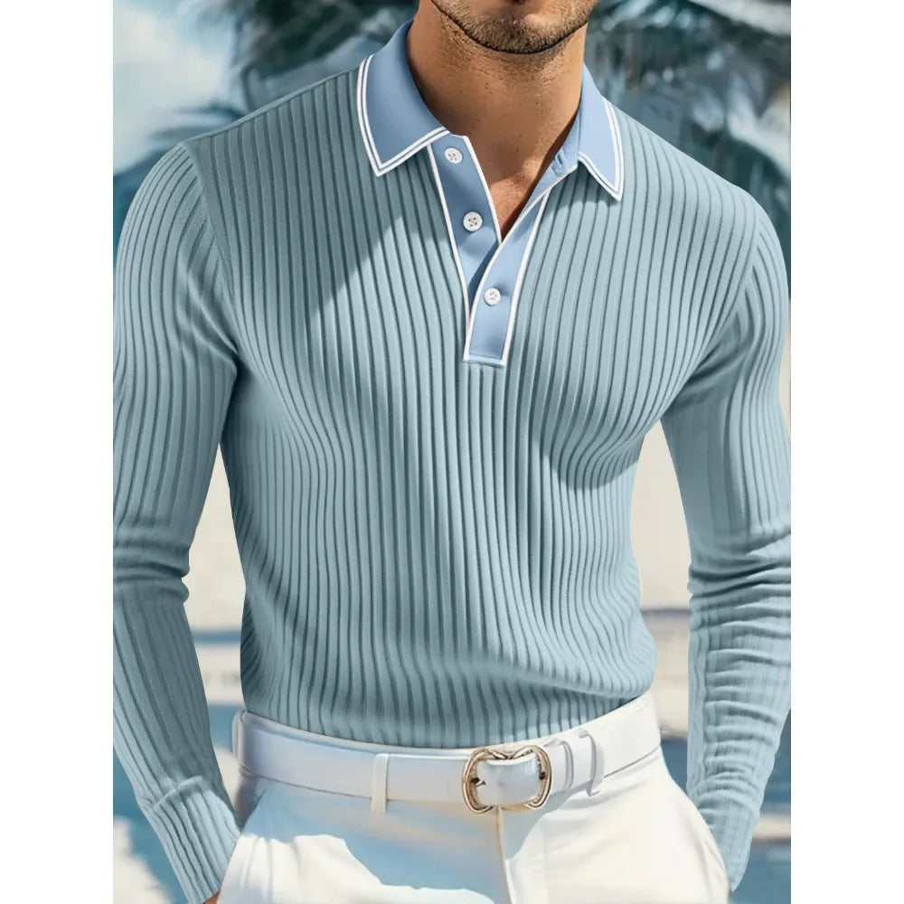 New Men's Long Sleeve Knitted Polo Shirt Classic Cotton Knit with Button Placket Business Casual & Golf Top Spring Autumn Shirts