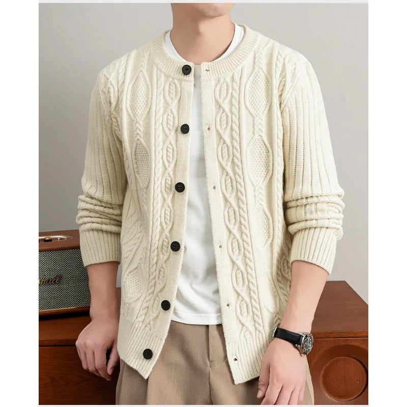 Men Cable Knit Cardigan Stand Collar Button Down Thick Warm Old Money Style Knit Coat For Autumn Winter