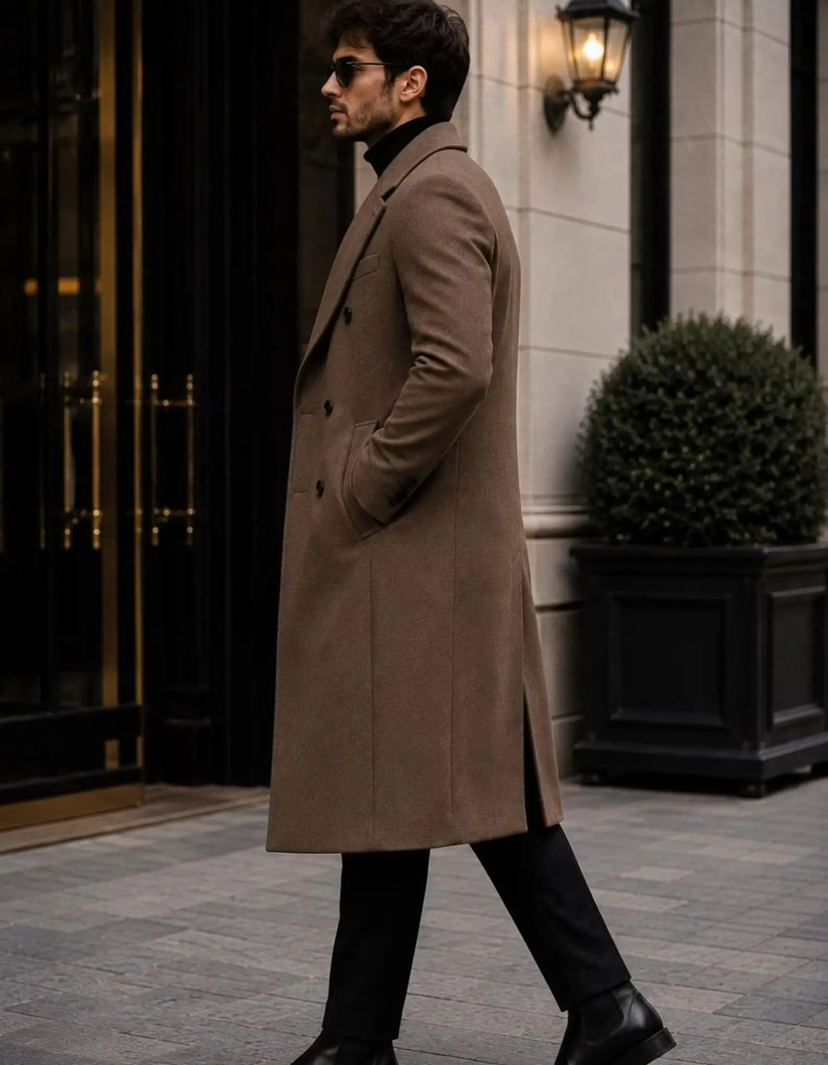 Mens Brown Wool Look Long Overcoat Tailored Mid Calf Winter Tailcoat Notched Lapels Double Breasted Formal Only Coat Customized