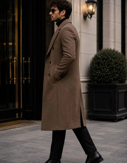 Mens Brown Wool Look Long Overcoat Tailored Mid Calf Winter Tailcoat Notched Lapels Double Breasted Formal Only Coat Customized