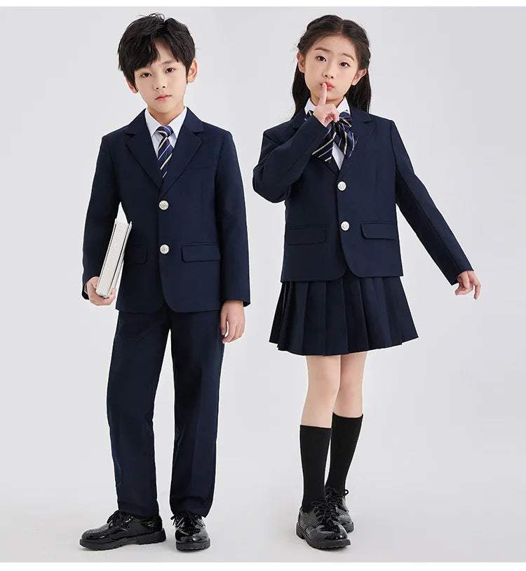 Children School Uniform Girls Jacket Pleated Skirts Suits Boys British Student Blazers Pants Kids Formal Dress Class Clothes Set