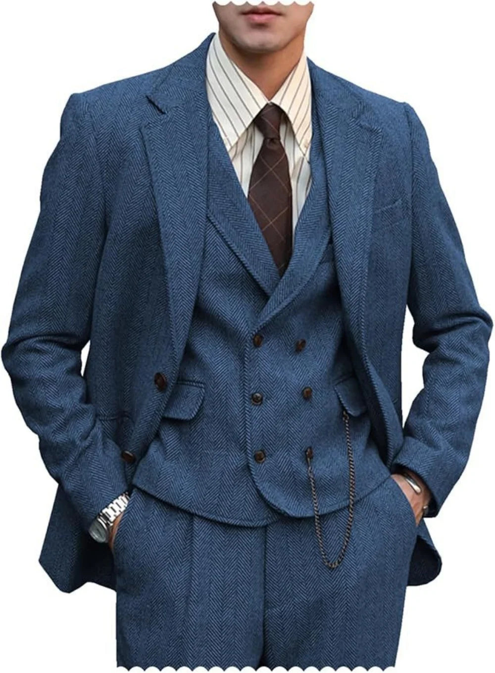 Mens Suits  3 Piece  Herringbone Tweed Wool Double Breasted Vest  Slim Fit Suit Prom Tuxedos Groomsmen For Wedding(Blazer+Vest