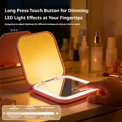 Rechargeable Handheld Mirror With 2X Magnification Portable Folding LED Makeup Mirror Pink Dual-Sided LED Lighted Makeup Mirror