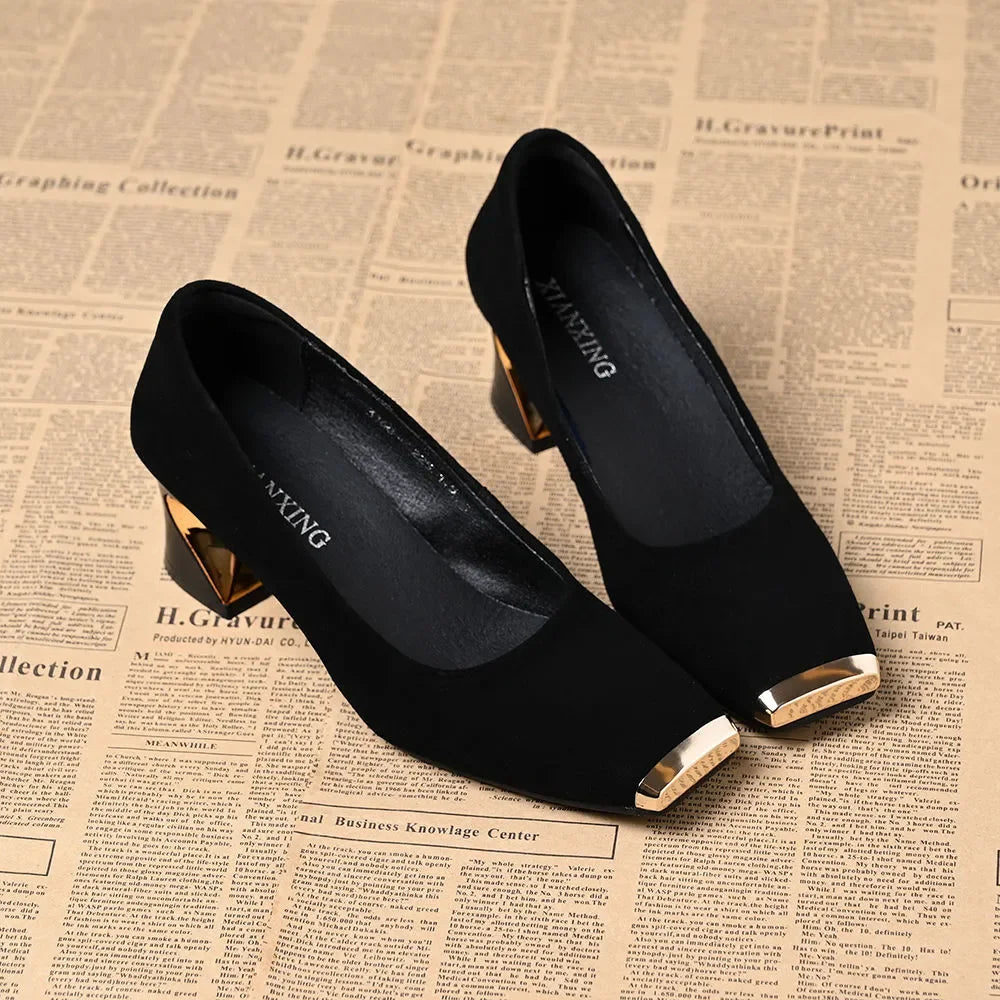 zapatos de mujer women fashion black suede round toe comfort spring &amp; summer square heel shoes for office work lady pumps a535