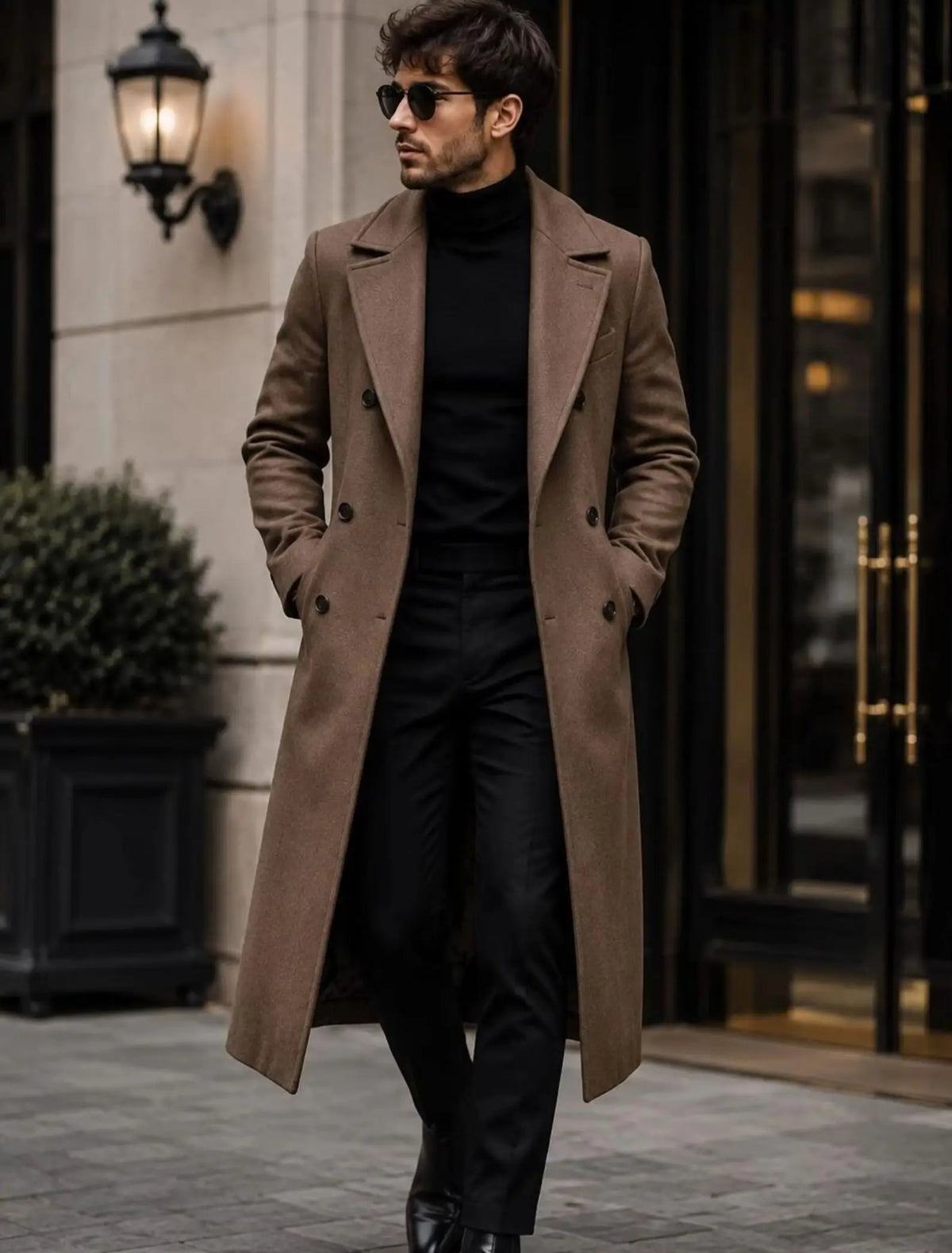 Mens Brown Wool Look Long Overcoat Tailored Mid Calf Winter Tailcoat Notched Lapels Double Breasted Formal Only Coat Customized