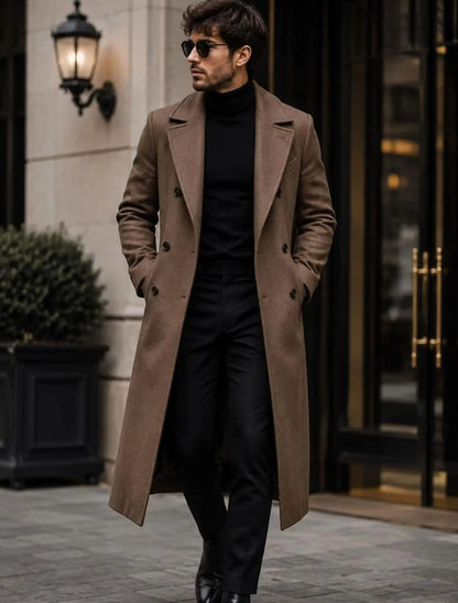 Mens Brown Wool Look Long Overcoat Tailored Mid Calf Winter Tailcoat Notched Lapels Double Breasted Formal Only Coat Customized