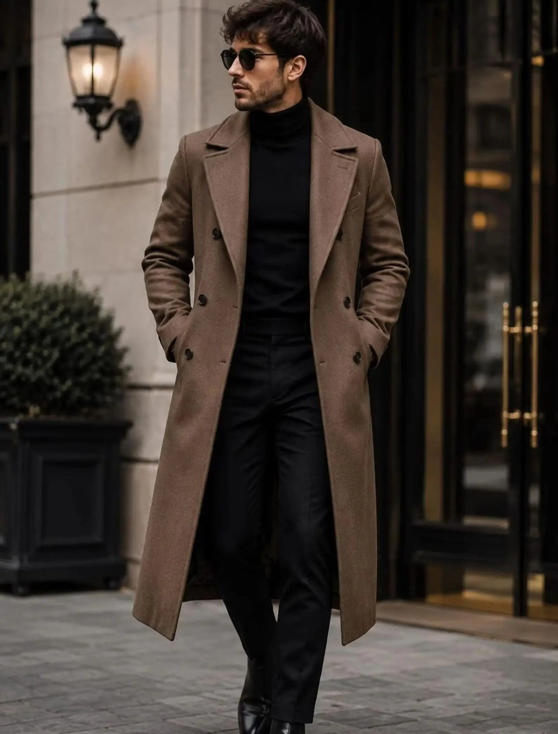 Mens Brown Wool Look Long Overcoat Tailored Mid Calf Winter Tailcoat Notched Lapels Double Breasted Formal Only Coat Customized