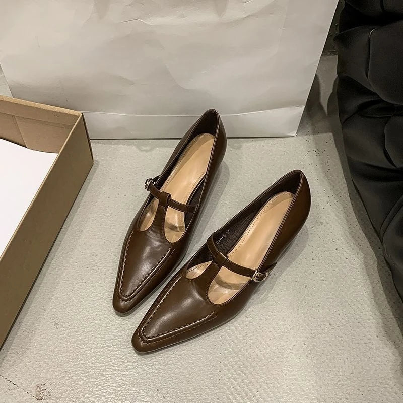 Women's Shoes Fashion Pointed Toe Buckle-heeled Single Shoes Retro Solid Color Medium Heels Casual Shallow Mouth Zapatos Mujer