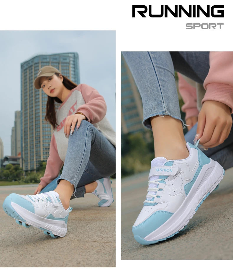 Kids Roller Skate Shoes Fashion Casual Sports Children 4-Wheels Sneakers for Boys and Girls Gift Nice Footwear