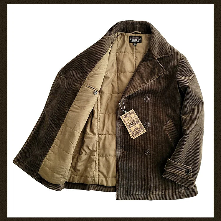 Amekaji Wear Clothes Men Corduroy Double Breasted Suit Cotton Coat Jacket American Retro Casual