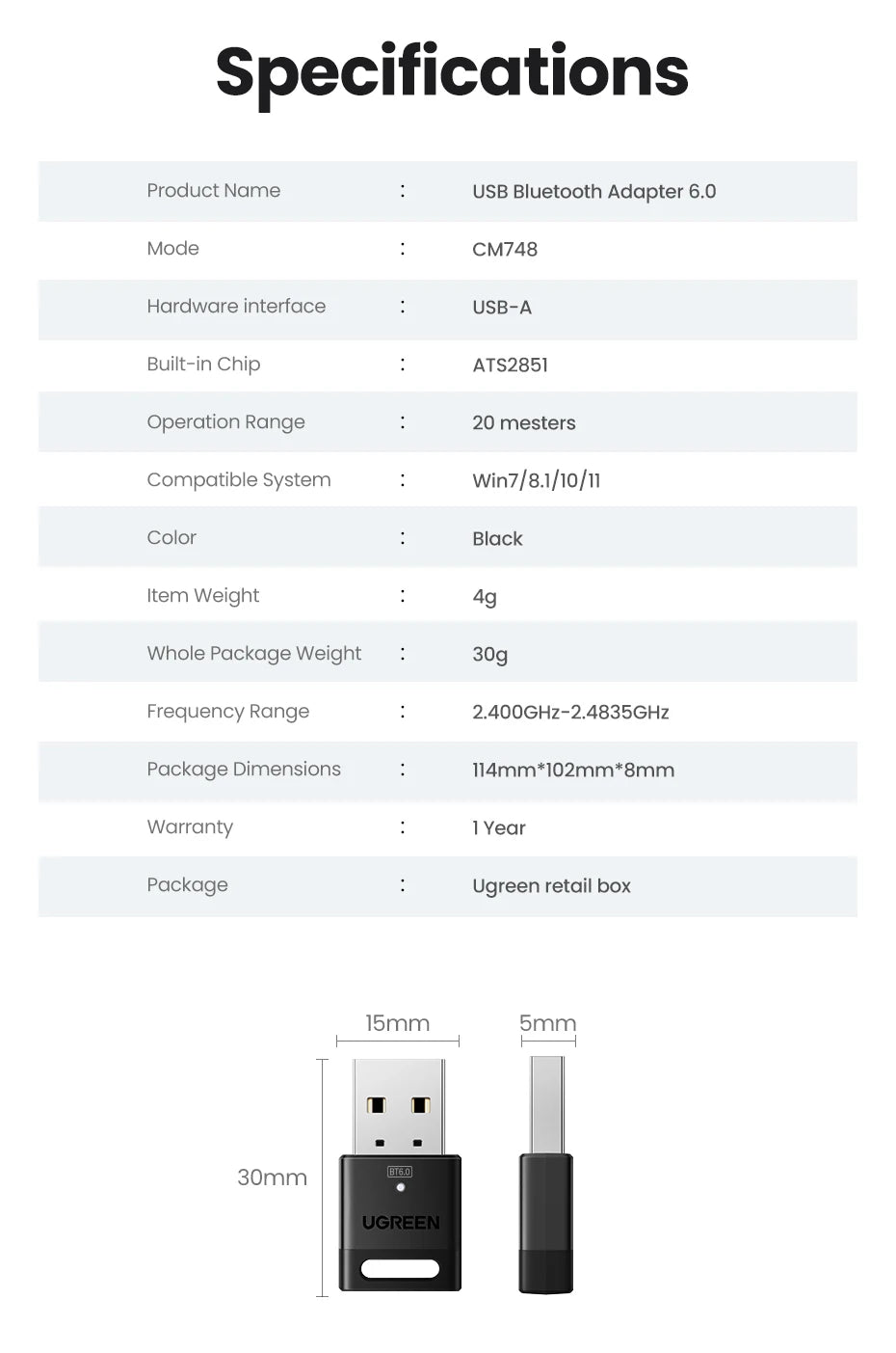 USB Bluetooth Adapter, Bluetooth 6.0 Dongle for PC Windows 11/10/8.1, Receiver &amp; Transmitter for Keyboard/Mouse
