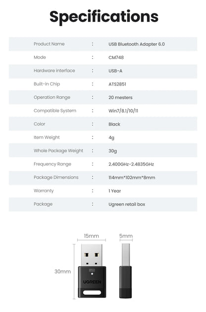 USB Bluetooth Adapter, Bluetooth 6.0 Dongle for PC Windows 11/10/8.1, Receiver &amp; Transmitter for Keyboard/Mouse
