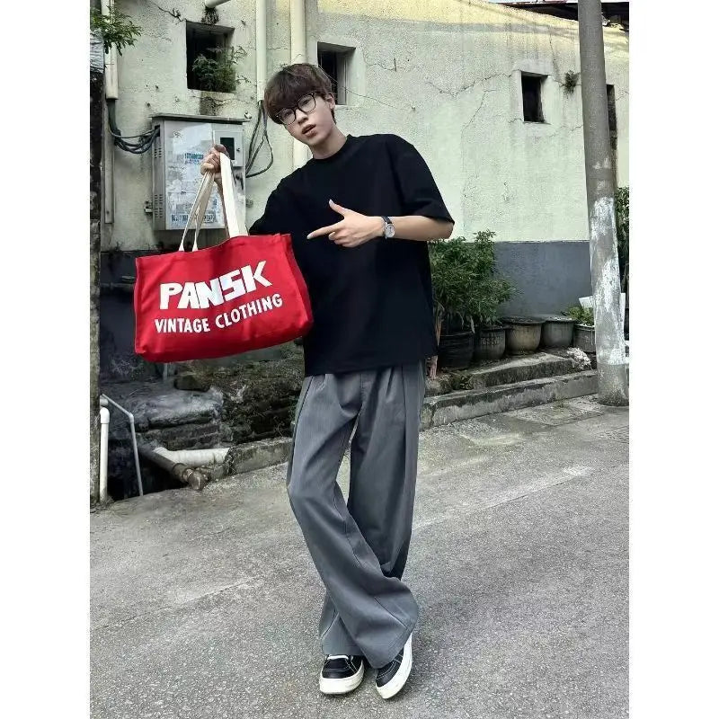Spring Summer Pleated Wide Curved Trousers Men A-line Tailored Casual Suit Pants Streetwear Work wear Cleanfit Business