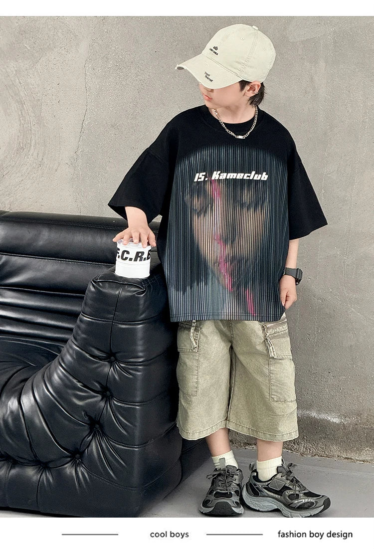 Korean Children Fashion Summer Clothes for Boy Streetwear Outfit Suit T-shirt Shorts Clothing Set Kids Street Top And Bottom Set