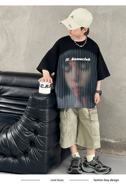 Korean Children Fashion Summer Clothes for Boy Streetwear Outfit Suit T-shirt Shorts Clothing Set Kids Street Top And Bottom Set