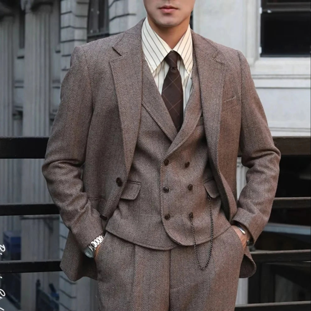 Mens Suits  3 Piece  Herringbone Tweed Wool Double Breasted Vest  Slim Fit Suit Prom Tuxedos Groomsmen For Wedding(Blazer+Vest