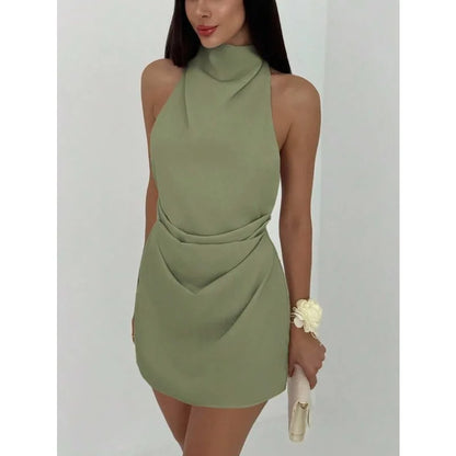 Satin Mini Dress Women High Neck Backless Sleeveless Wrap Short Dress Elegant Solid Color Cocktail Party Club Evening Outfit