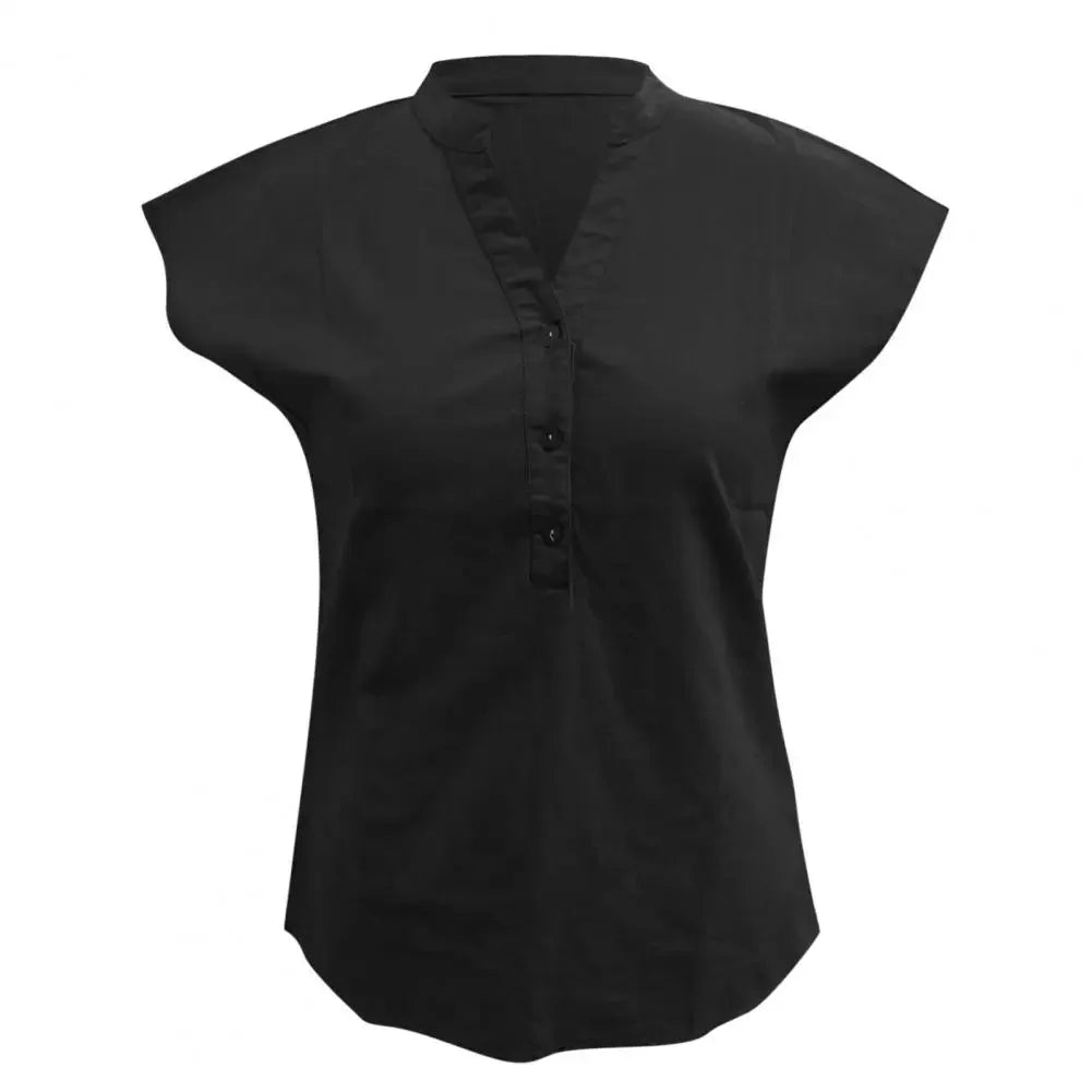 Women T-shirt Cotton Linen Summer Blouse Solid Color Simple Short Sleeve V Neck Quick Dry Daily Clothes Ropa Mujer Blusas