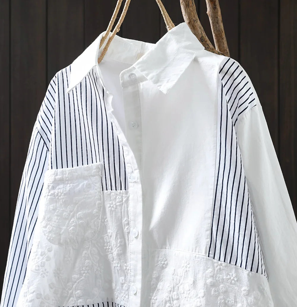 Fall Clothes 2026 Women Cotton Lace Striped Patchwork Shirts Long Sleeve Blouses for Lady Tops Office Wear Women Fashion Blouses