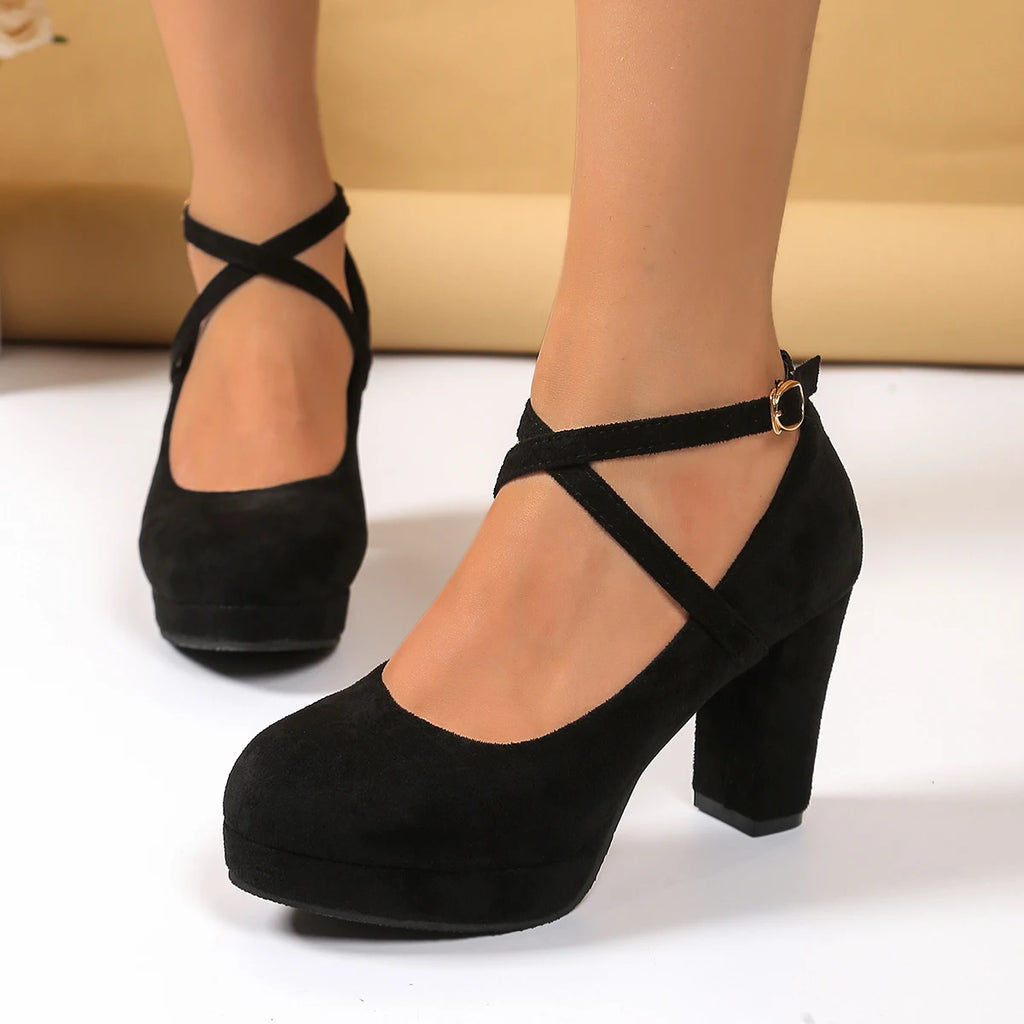 Women Shoes on Heels Women Platform Pumps Spring Summer Shallow Cross Strap Buckle Shoes Round Toe Shoes for Women High Heels