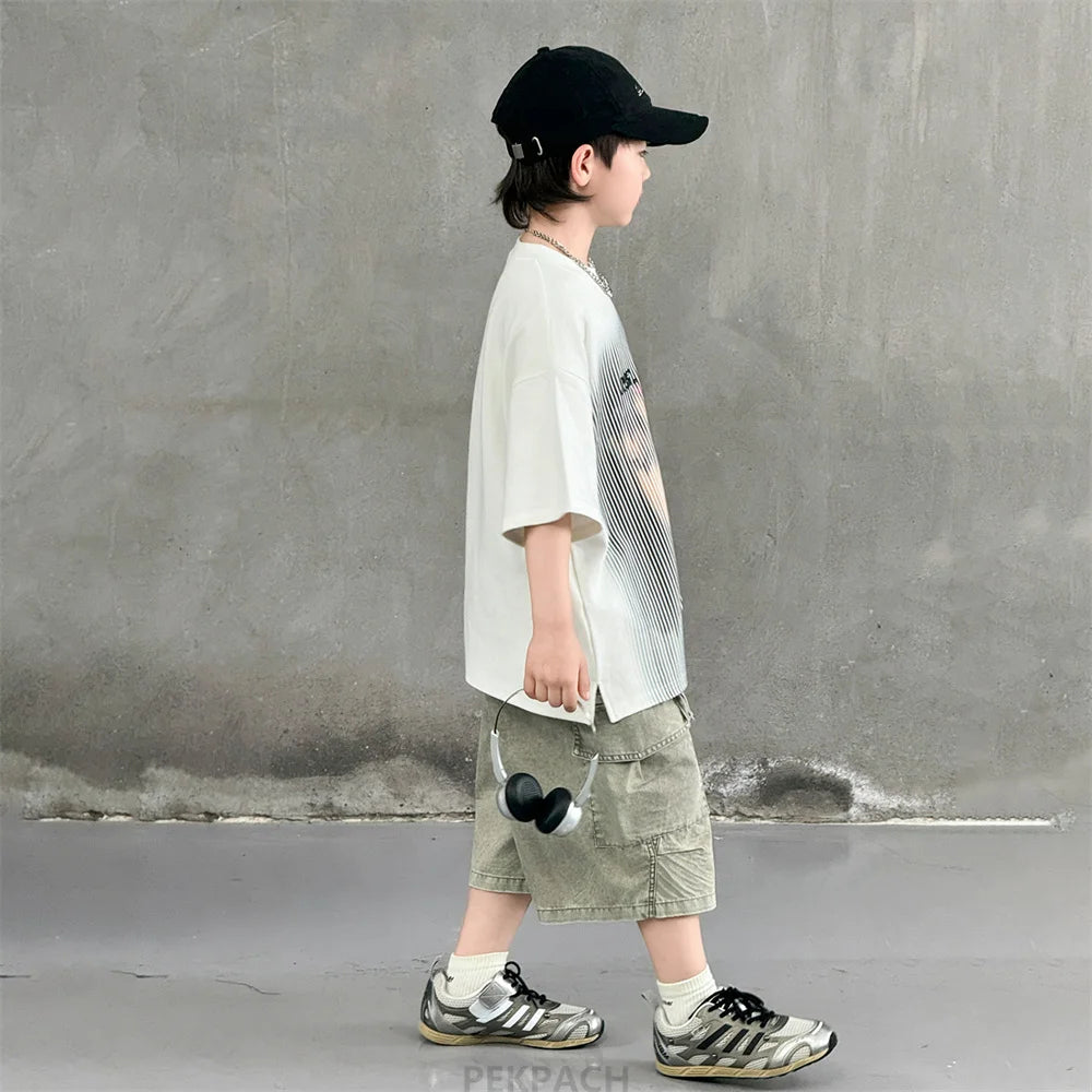 Korean Children Fashion Summer Clothes for Boy Streetwear Outfit Suit T-shirt Shorts Clothing Set Kids Street Top And Bottom Set