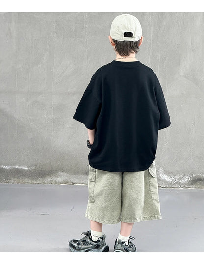 Korean Children Fashion Summer Clothes for Boy Streetwear Outfit Suit T-shirt Shorts Clothing Set Kids Street Top And Bottom Set